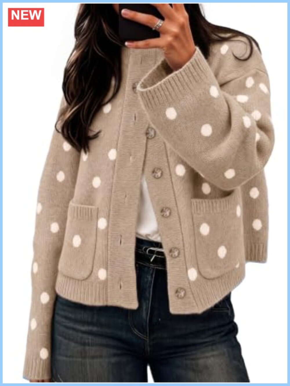 Polka Dot Cardigan Long Sleeve Mock Neck Button Down Knit Sweater